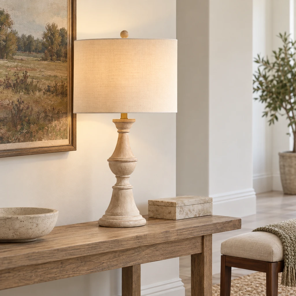 Elena American Vintage Carved Wood and Fabric Table Lamp, Aged Wood, medium-near entry setting