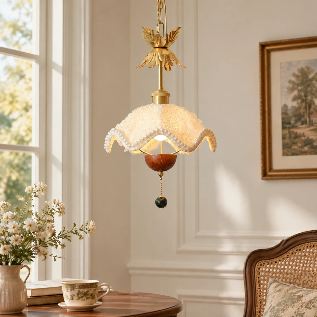 Sophie Floral Fabric Iron Pendant Light in a reading setting