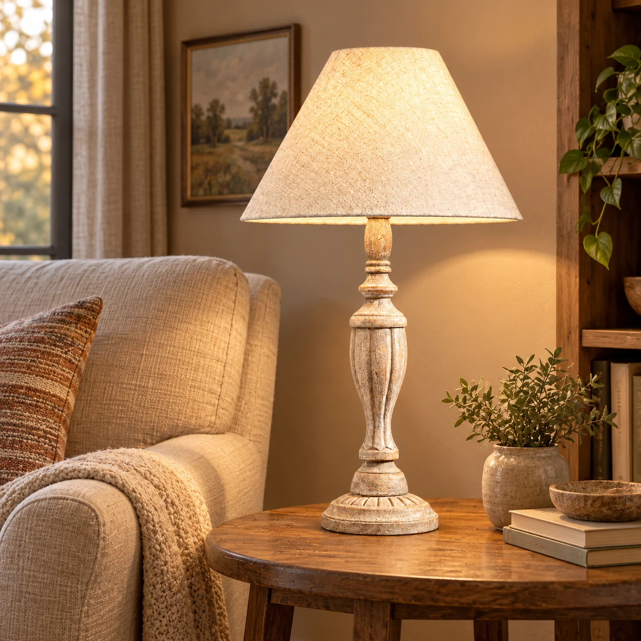 Hayes wood table lamp on a reading-nook side table