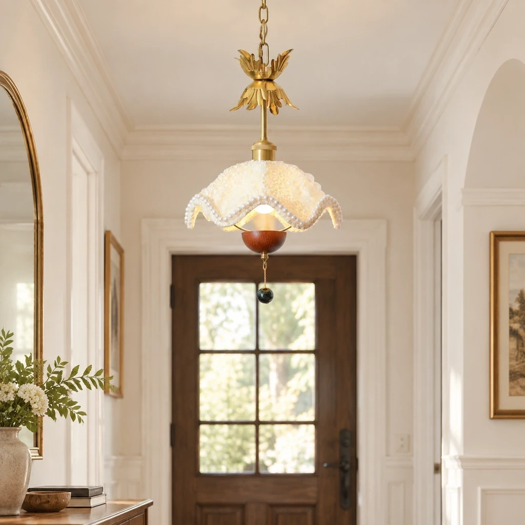 Sophie Floral Fabric Iron Pendant Light in an entry setting