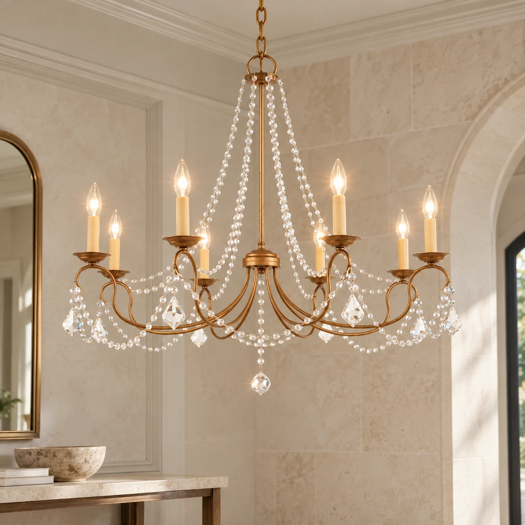 Mila American Vintage Crystal and Iron Chandelier, Antique Gold Crystal, close architectural setting