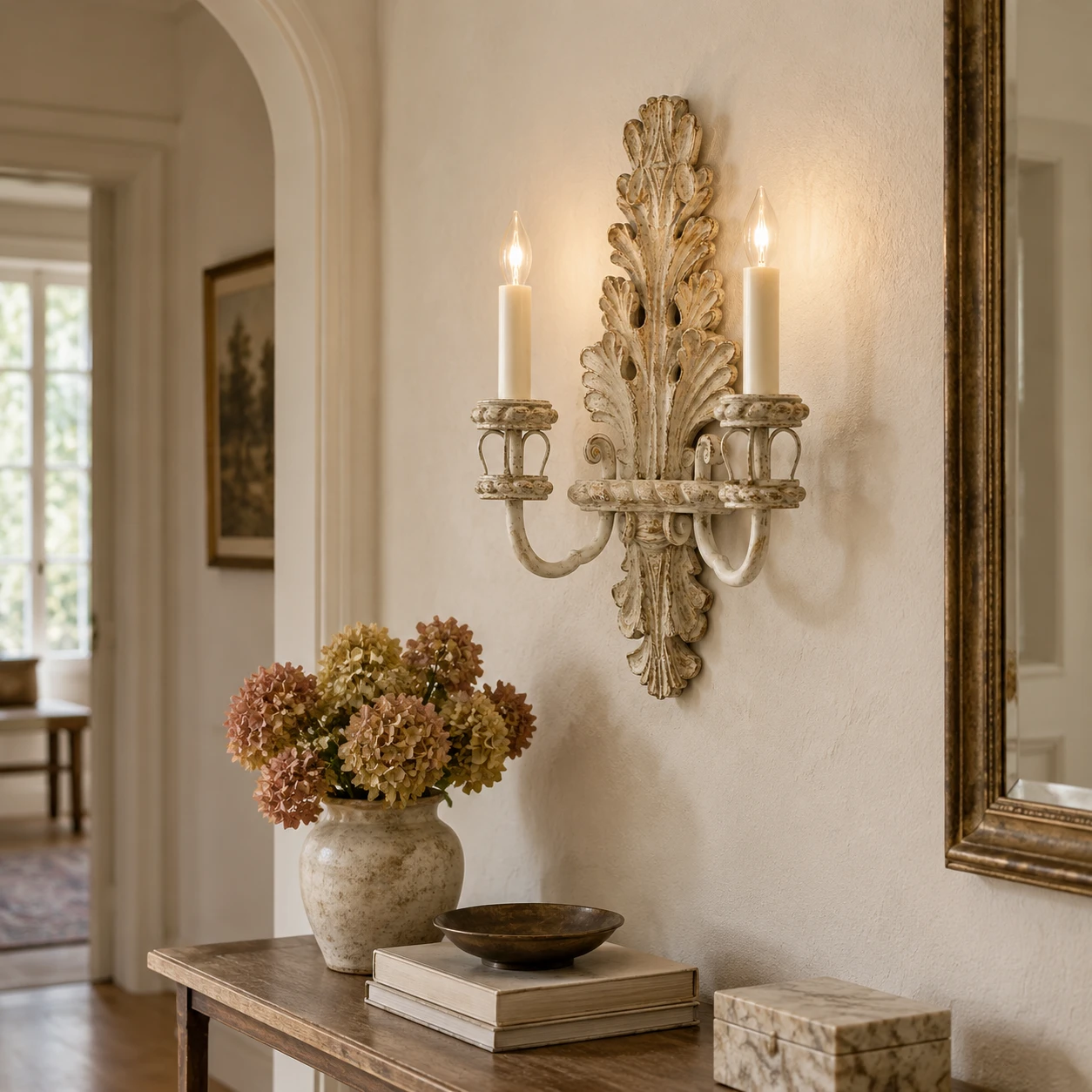 Odette French Candle Wood Wall Sconce in a residential interior