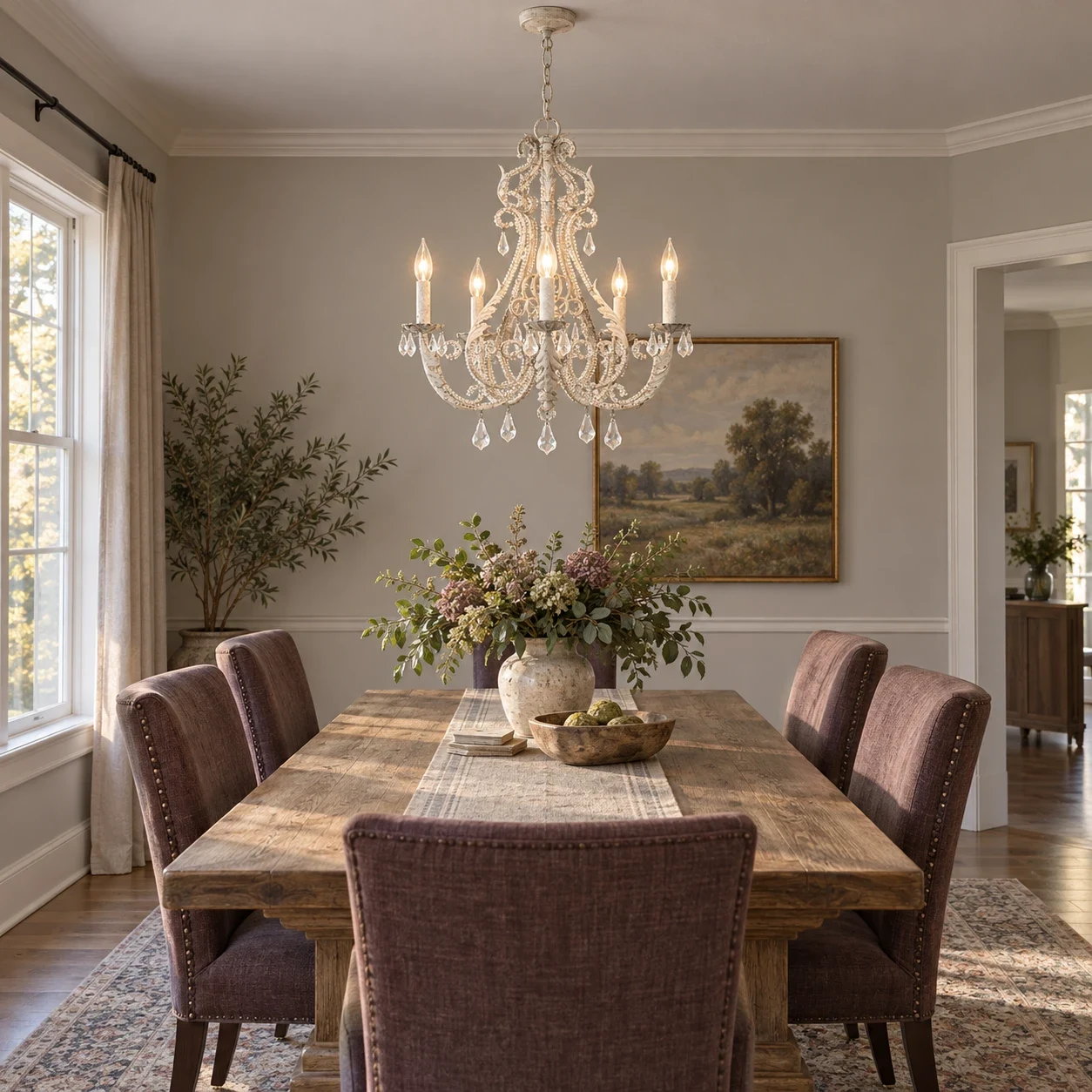 Five-light Camille chandelier in a plum American dining room