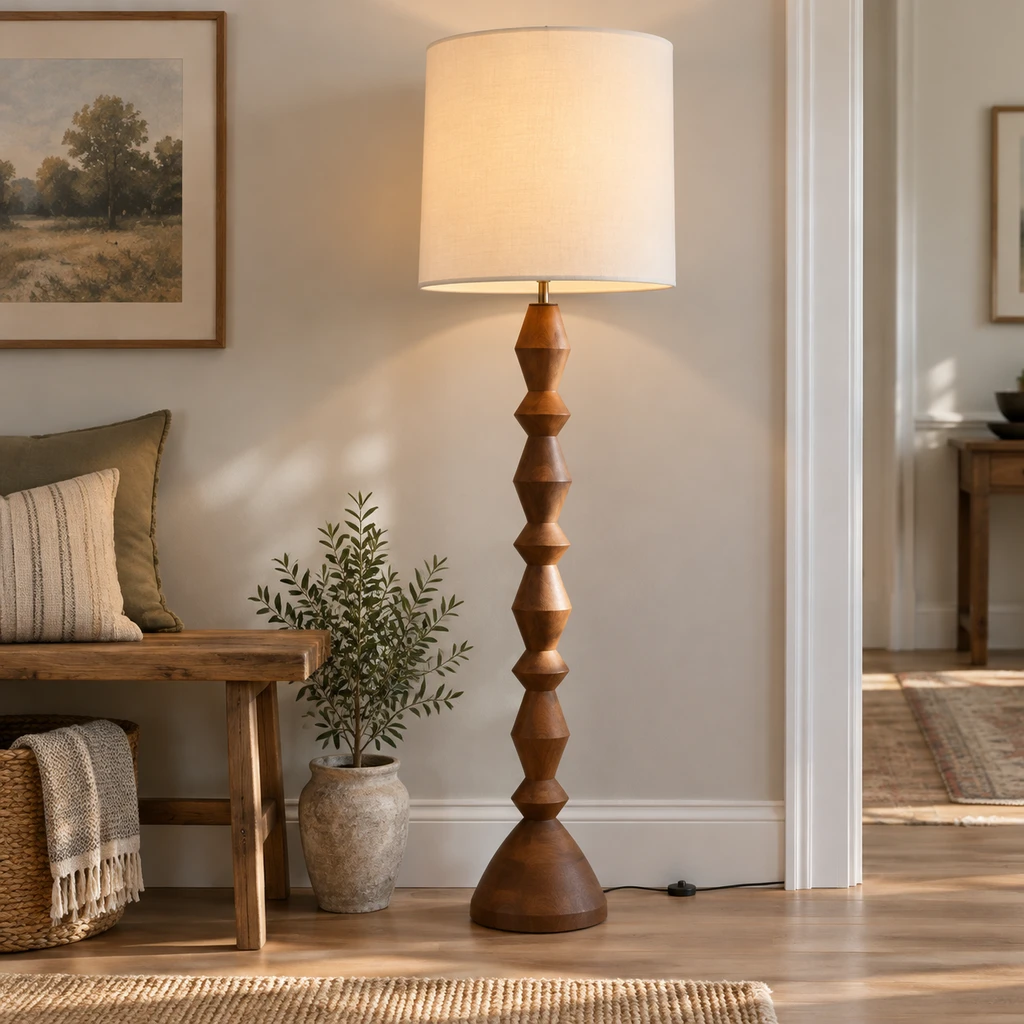 Maya Vintage Carved Wood and Fabric Floor Lamp, Carved Wood, medium-near entry setting