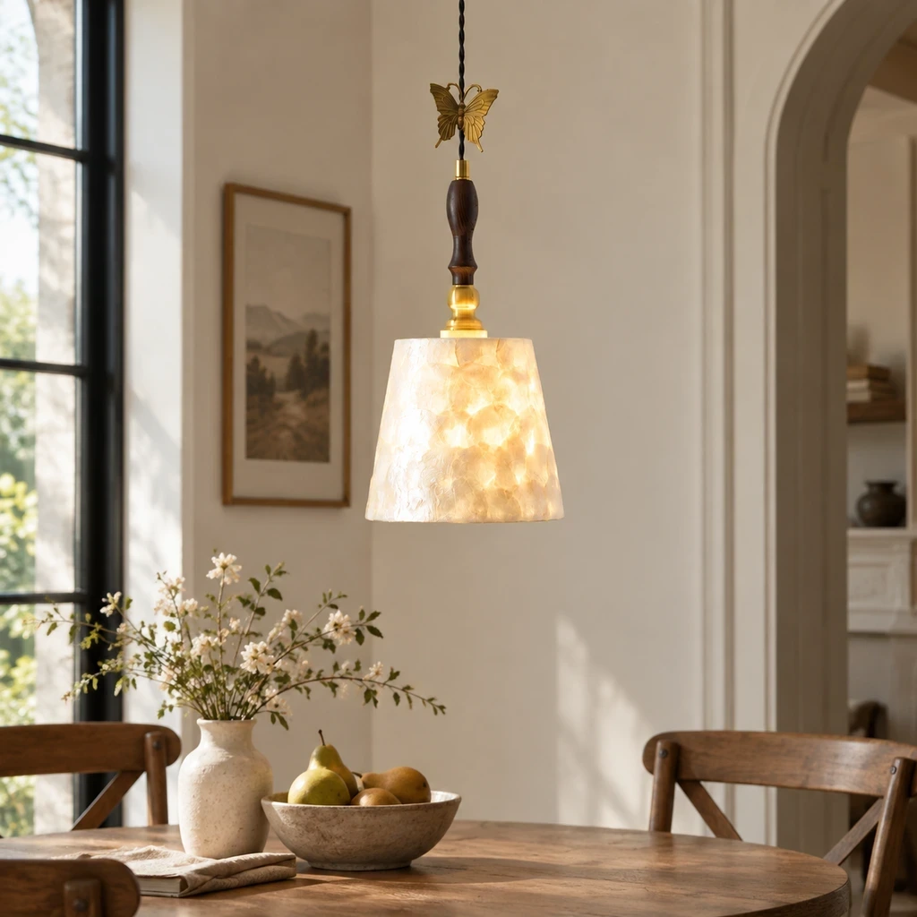 Elena Vintage Butterfly Shell Wood Pendant Light in a dining or living setting