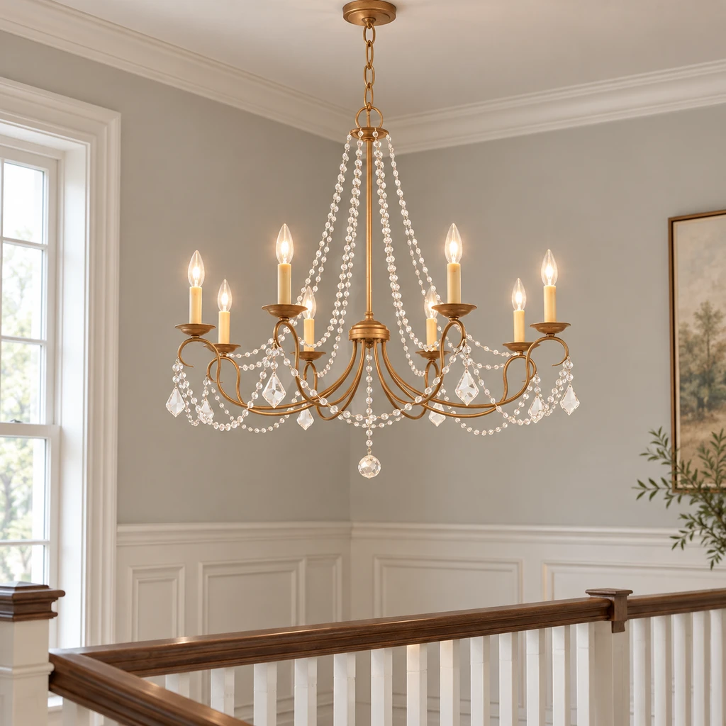 Mila American Vintage Crystal and Iron Chandelier, Antique Gold Crystal, medium-near hospitality setting