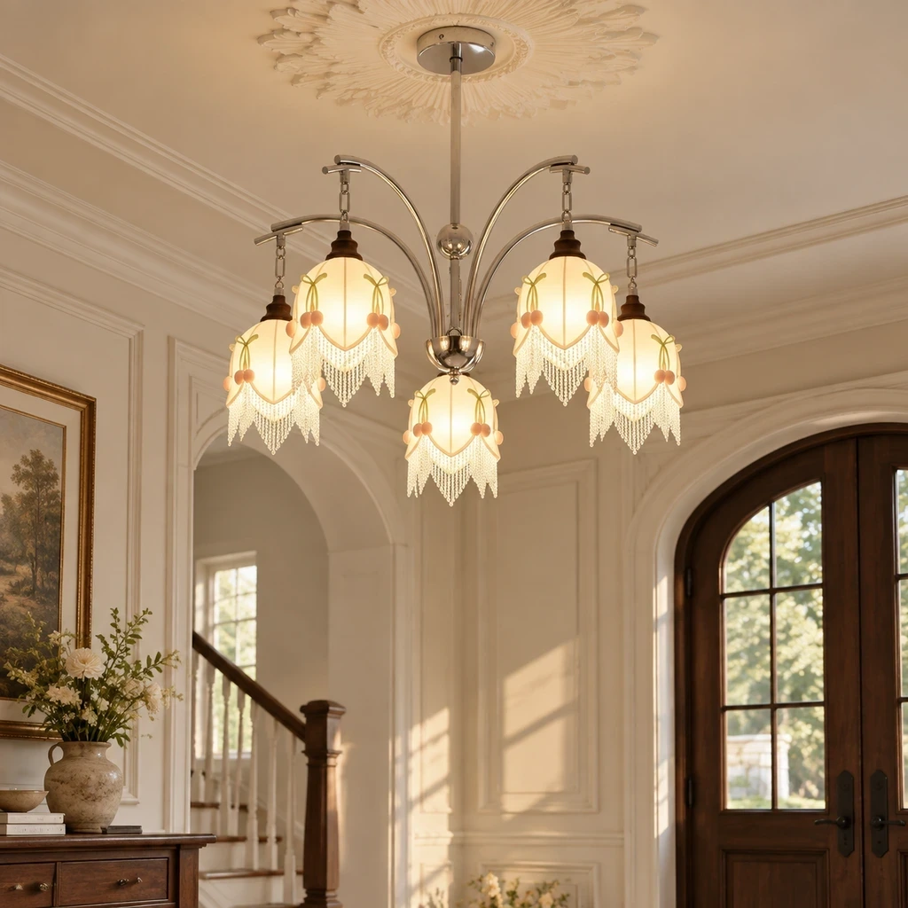 Lucia branching floral fabric chandelier in an entry setting