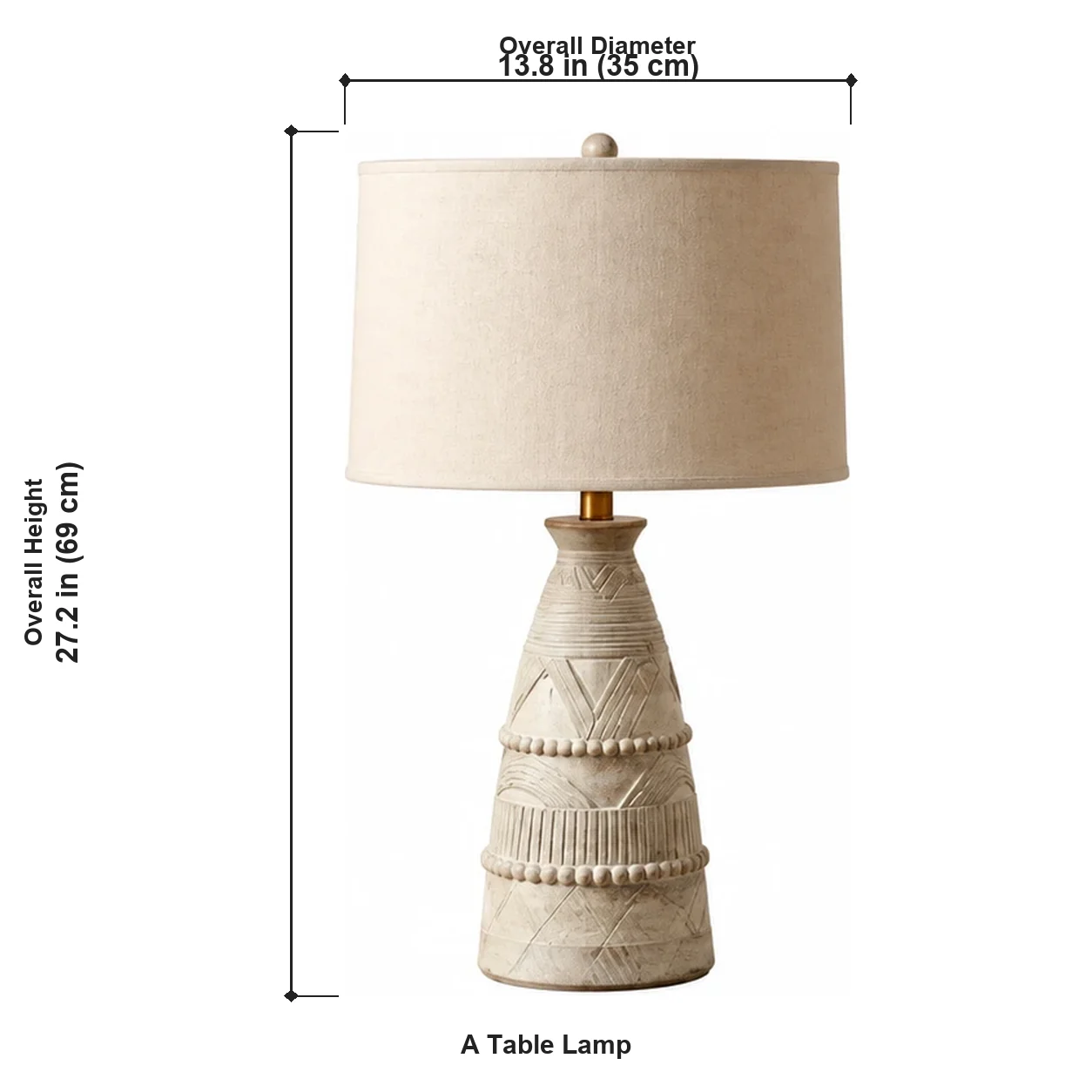 A table lamp dimensions, diameter 35 cm and height 69 cm
