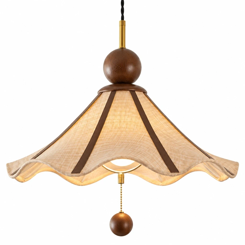 Close detail of Amelie Vintage Single-Light Fabric Wood Pendant Light material and form