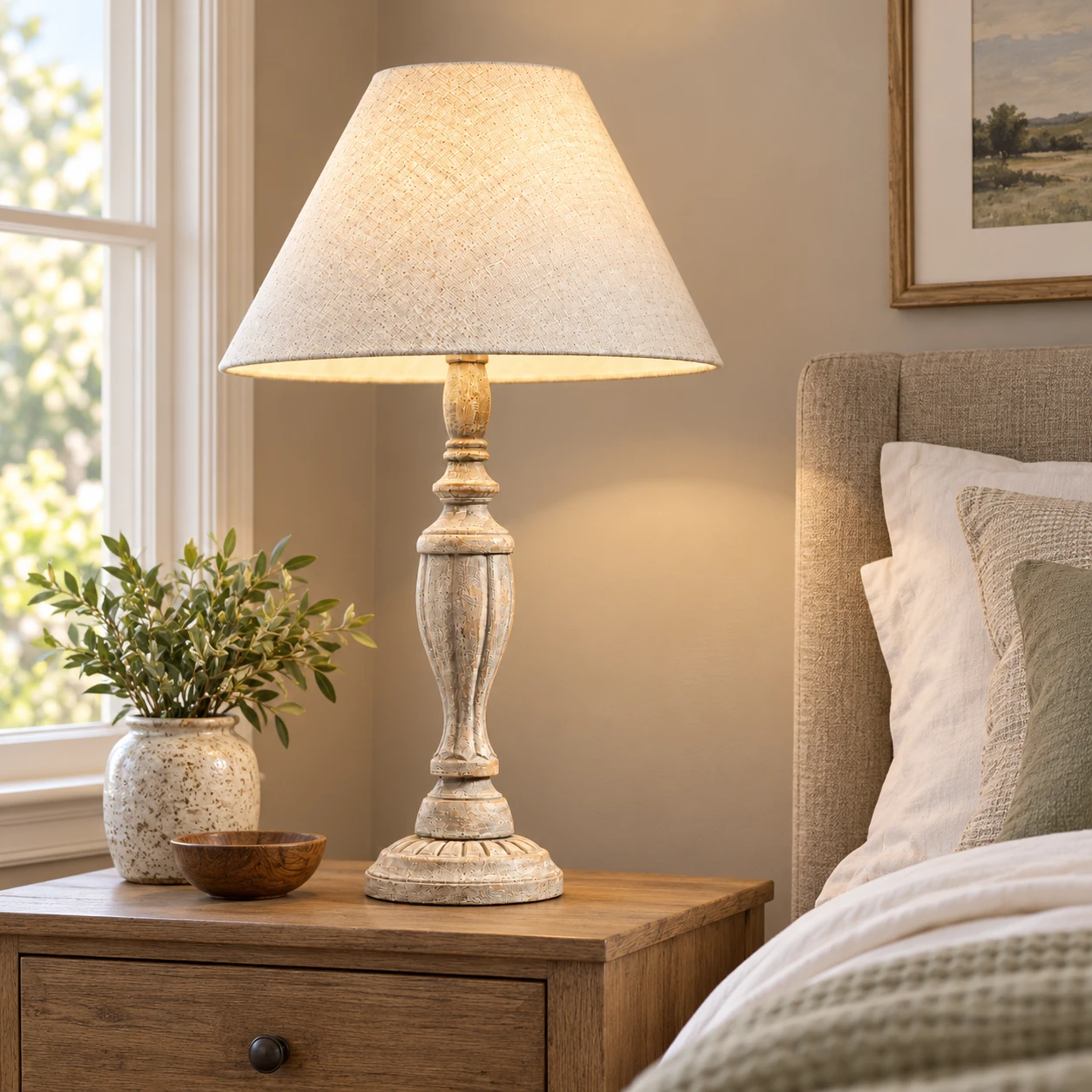 Hayes wood table lamp on a bedroom nightstand
