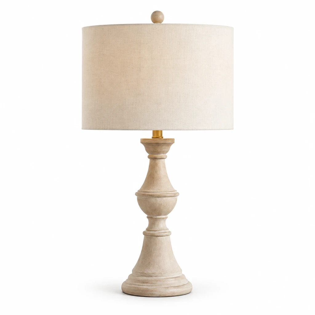 Elena American Vintage Carved Wood and Fabric Table Lamp, Aged Wood, complete product isolated on white