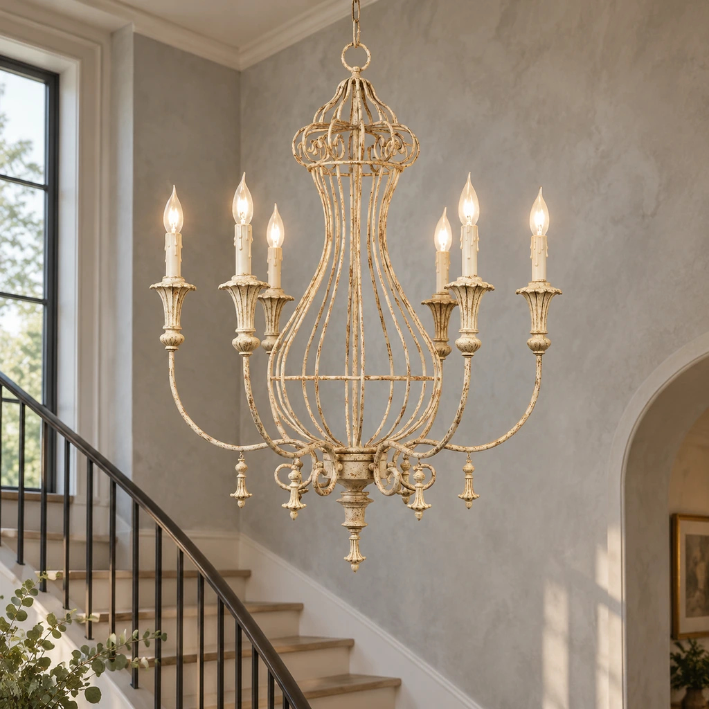 Elowen distressed iron lantern chandelier suspended high in an open stair void