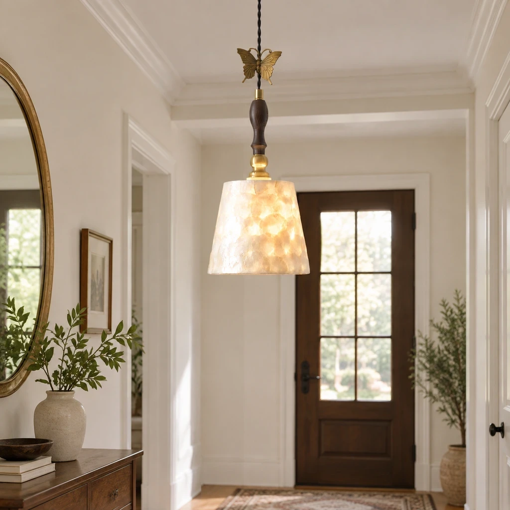 Elena Vintage Butterfly Shell Wood Pendant Light in an entry setting