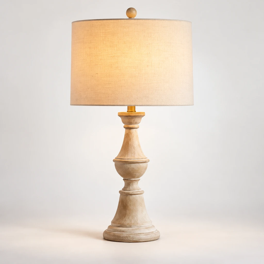 Elena American Vintage Carved Wood and Fabric Table Lamp, Aged Wood, switched-on product in a neutral studio