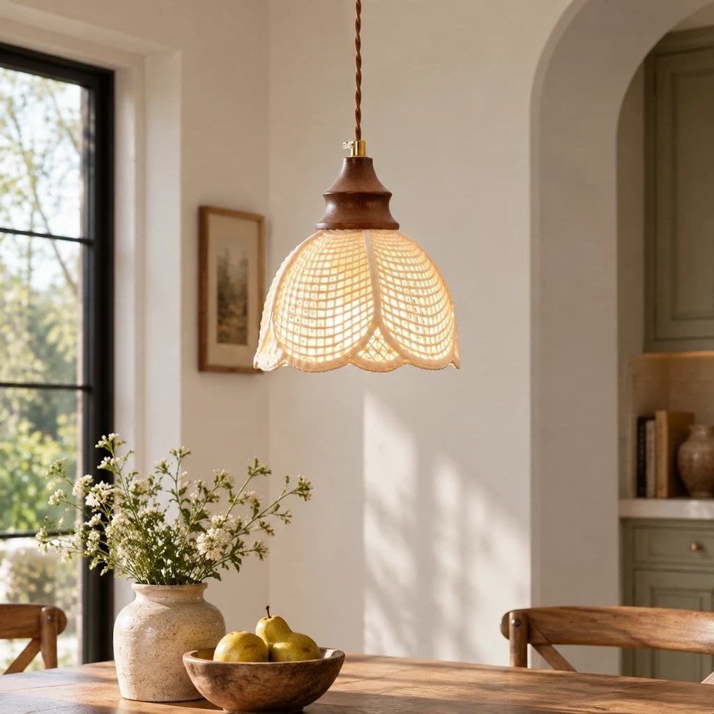 Lina Vintage Floral Ceramic Wood Pendant Light installed in a bright interior