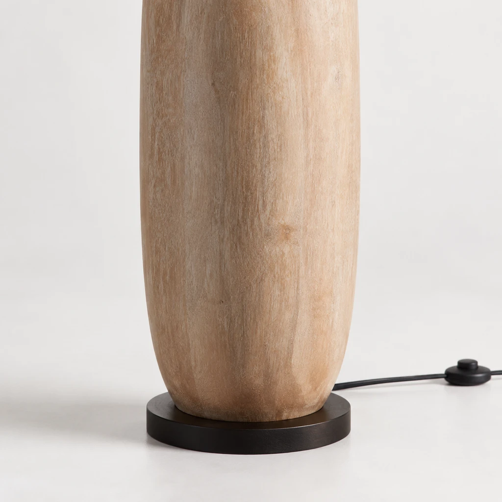 Amelia American Rustic Turned Wood and Fabric Floor Lamp, Natural Wood - 45 cm wide x 160 cm high, close view of the structural connection