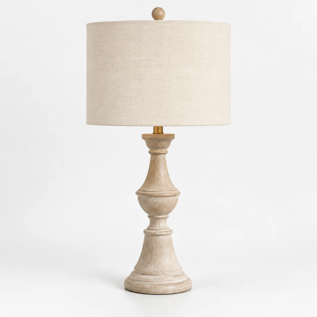 Elena American Vintage Carved Wood and Fabric Table Lamp, Aged Wood, switched-off product in a neutral studio