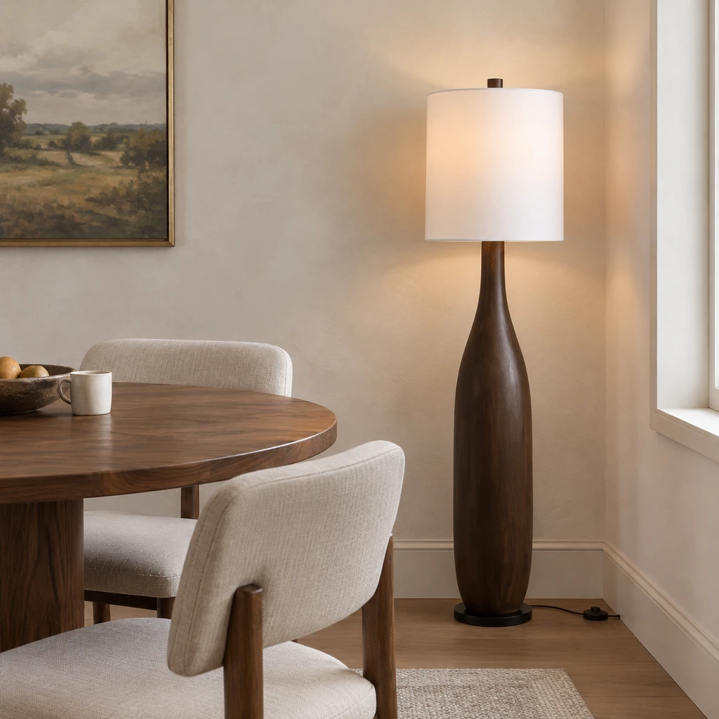 Amelia American Rustic Turned Wood and Fabric Floor Lamp, Dark Coffee - 45 cm wide x 160 cm high, medium-near dining setting