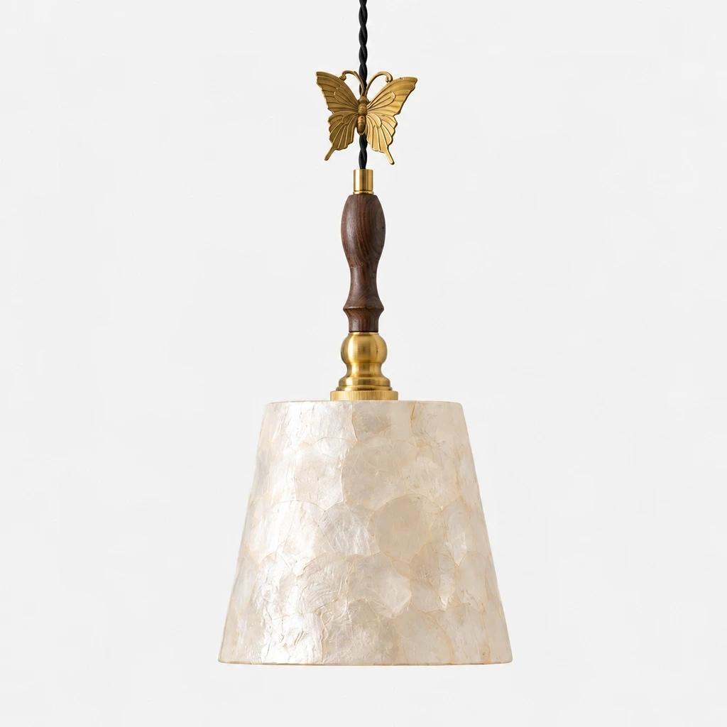 Elena Vintage Butterfly Shell Wood Pendant Light switched off in a neutral studio