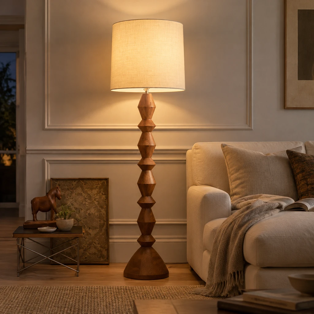 Maya Vintage Carved Wood and Fabric Floor Lamp, Carved Wood, evening room setting