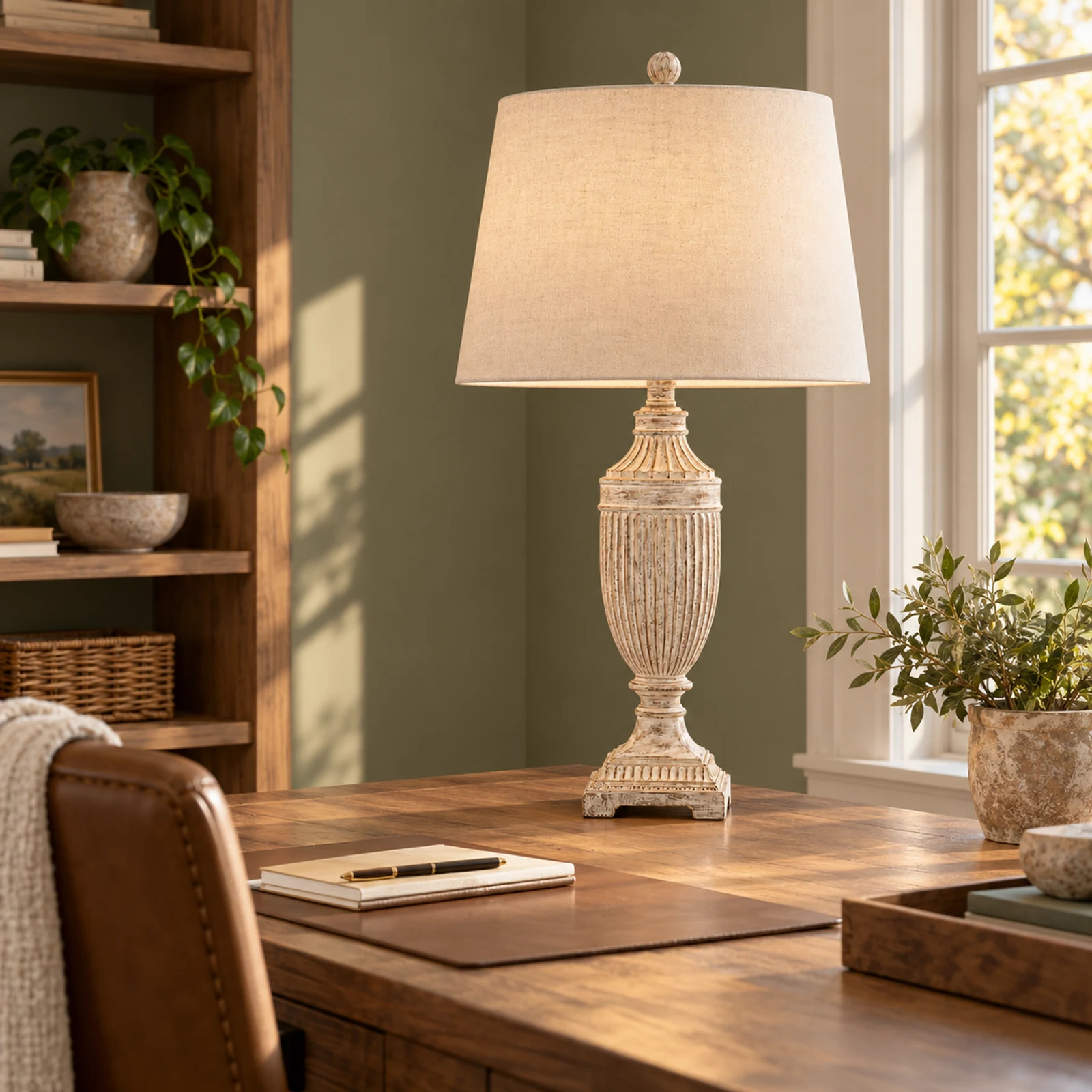 Jules wood table lamp on a home office desk