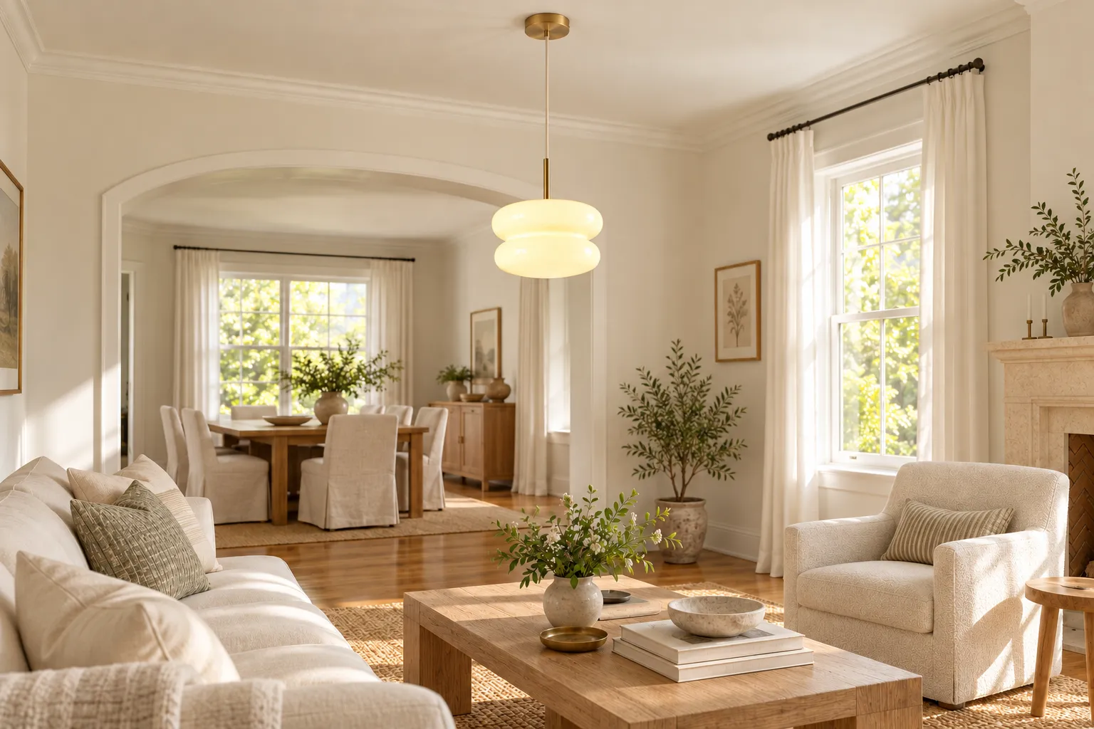Emily pale-yellow opal glass pendant shown in a full warm American living room