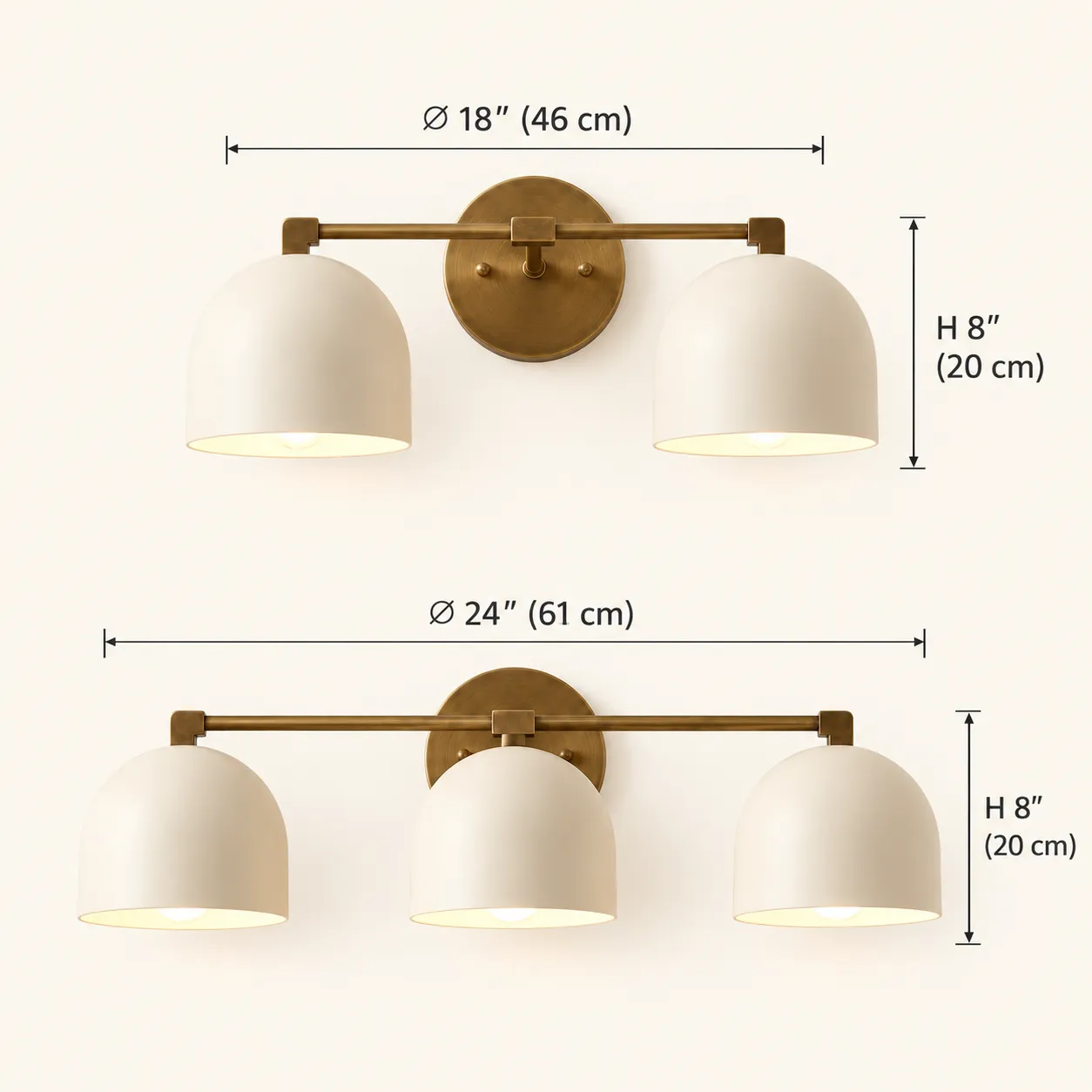 Dimension drawing of the 2-head sconce at 18 by 8 inches and the 3-head sconce at 24 by 8 inches