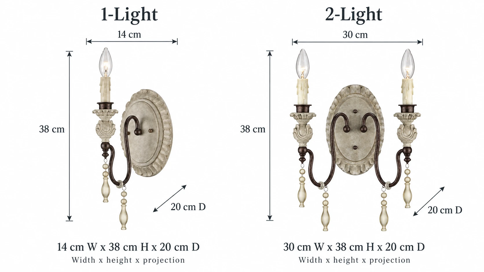 Dimensions vérifiées pour les appliques murales à une et deux lumières