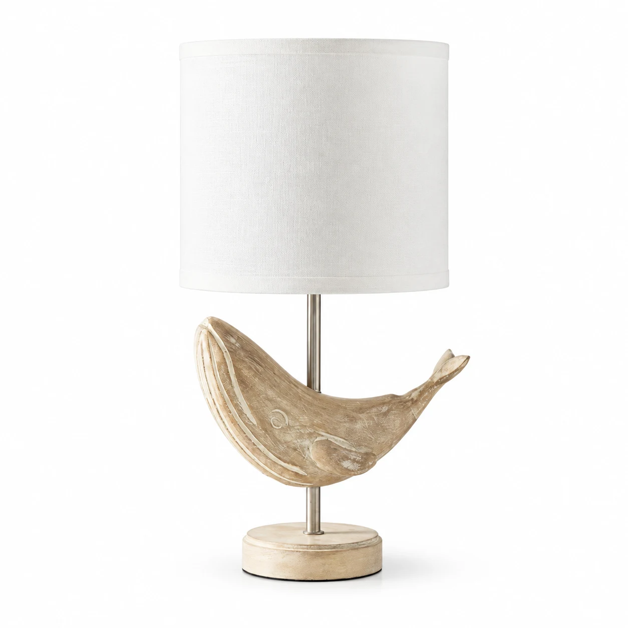 Lampe en bois sculpté en forme de baleine avec abat-jour en lin