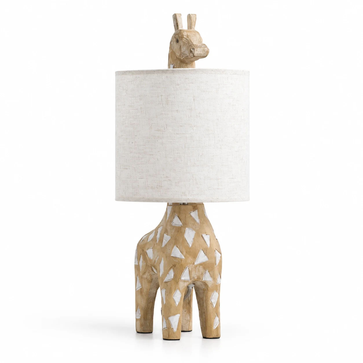 Lampe en bois sculpté à l'effigie d'une girafe, abat-jour en lin