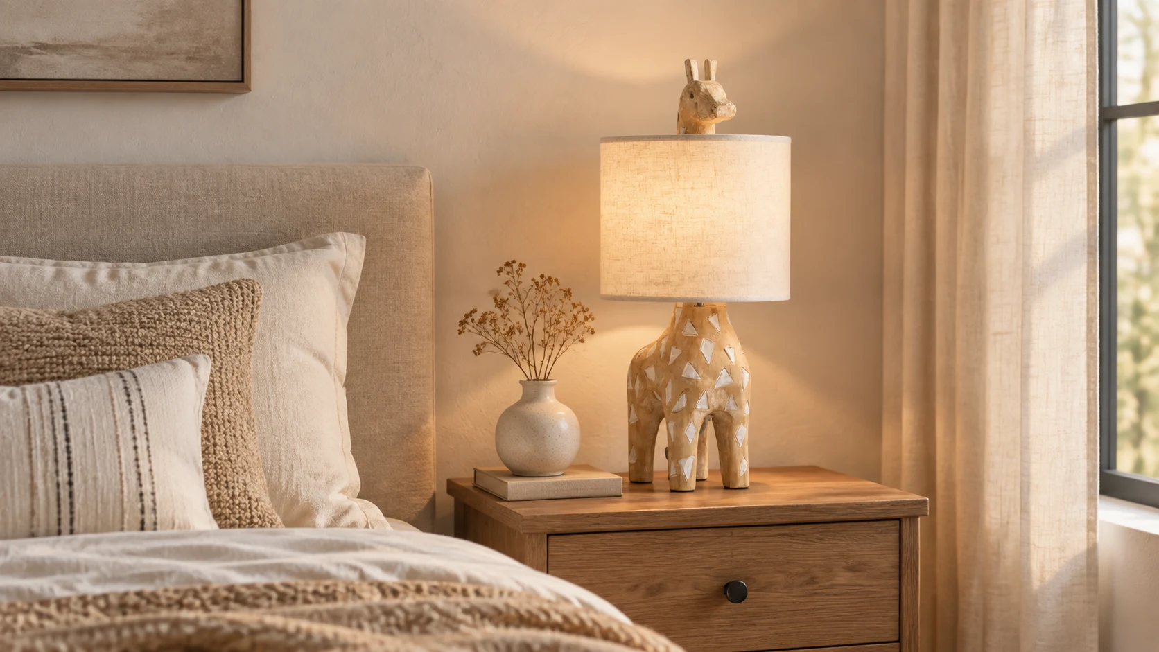 Lampe de table en bois sculpté en forme de girafe à côté d'un lit capitonné