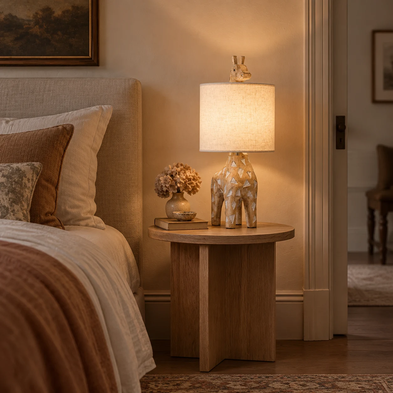 Lampe de table en bois sculpté en forme de girafe à côté d'un lit capitonné