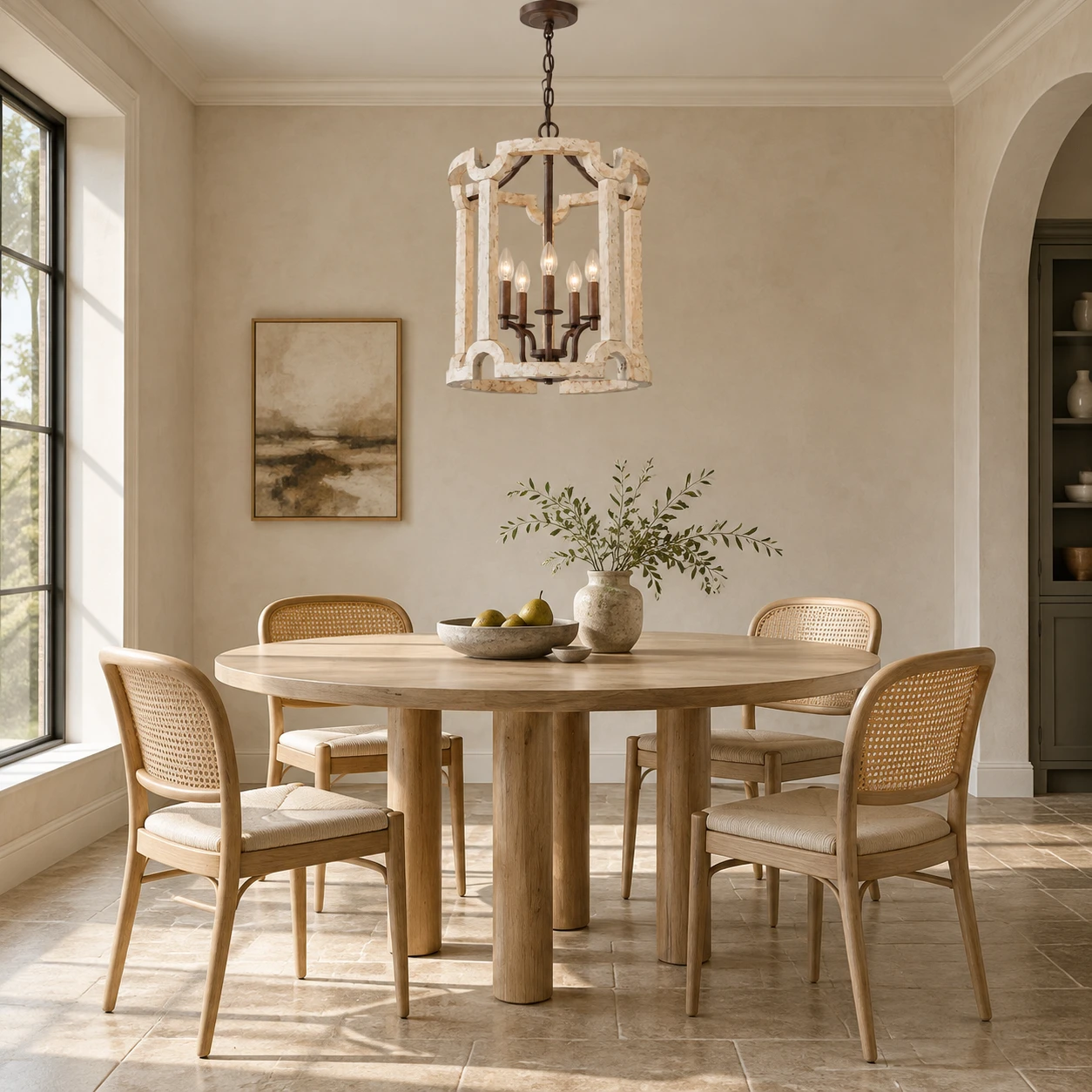 Vue du design du lustre suspendu en bois sculpté en forme de cage à oiseaux