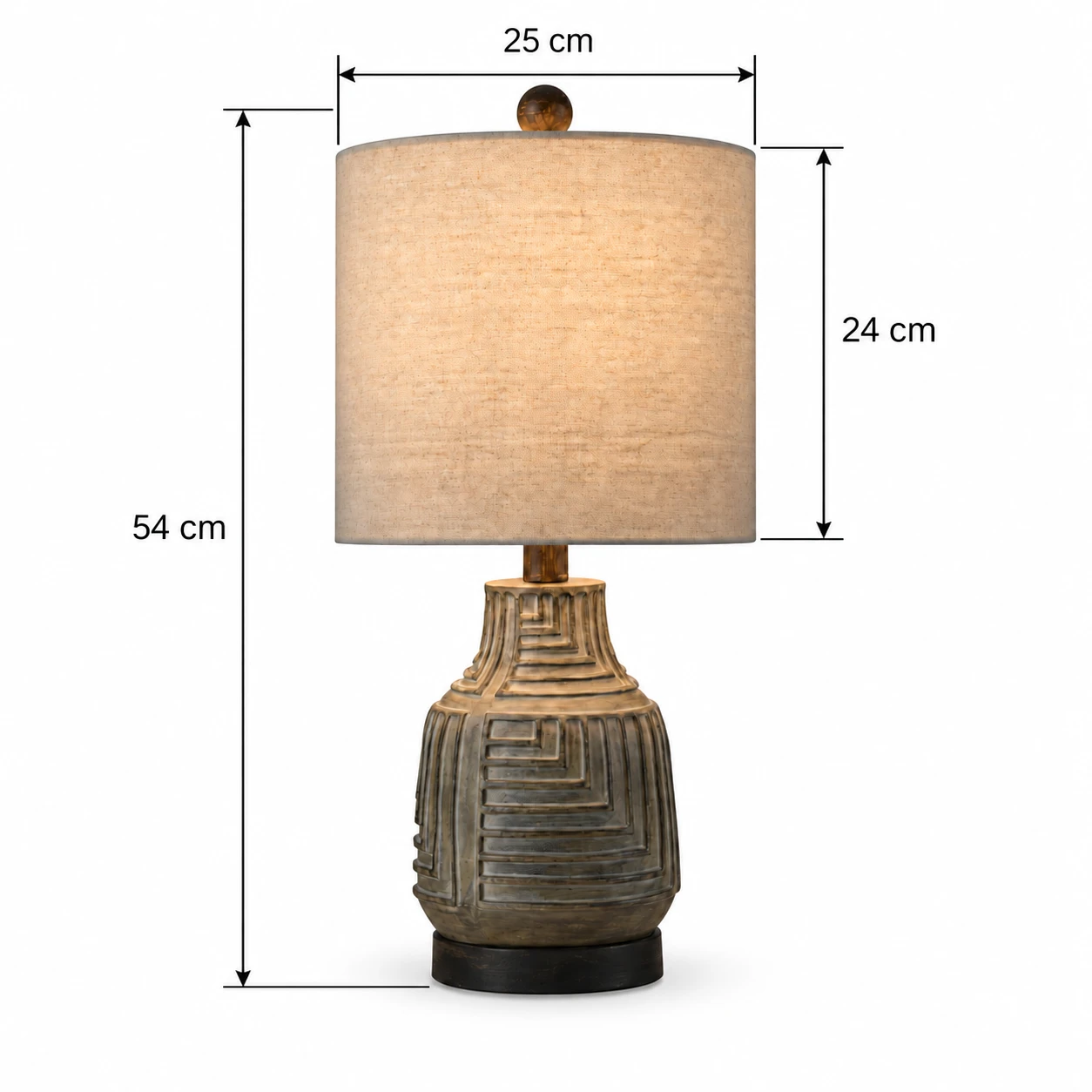 Dimensiones generales de la lámpara de mesa: 54 cm de alto, 25 cm de diámetro de la pantalla, 24 cm de altura de la pantalla.