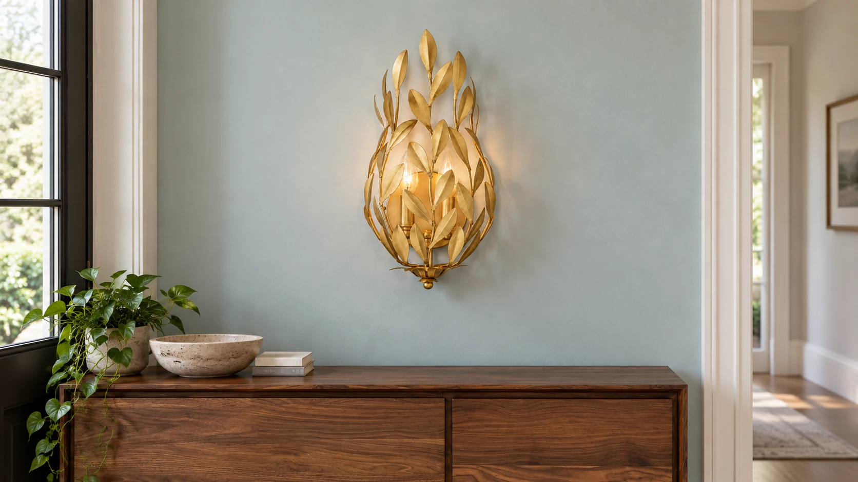 Applique murale en métal doré au-dessus d'un buffet en noyer dans une entrée lumineuse