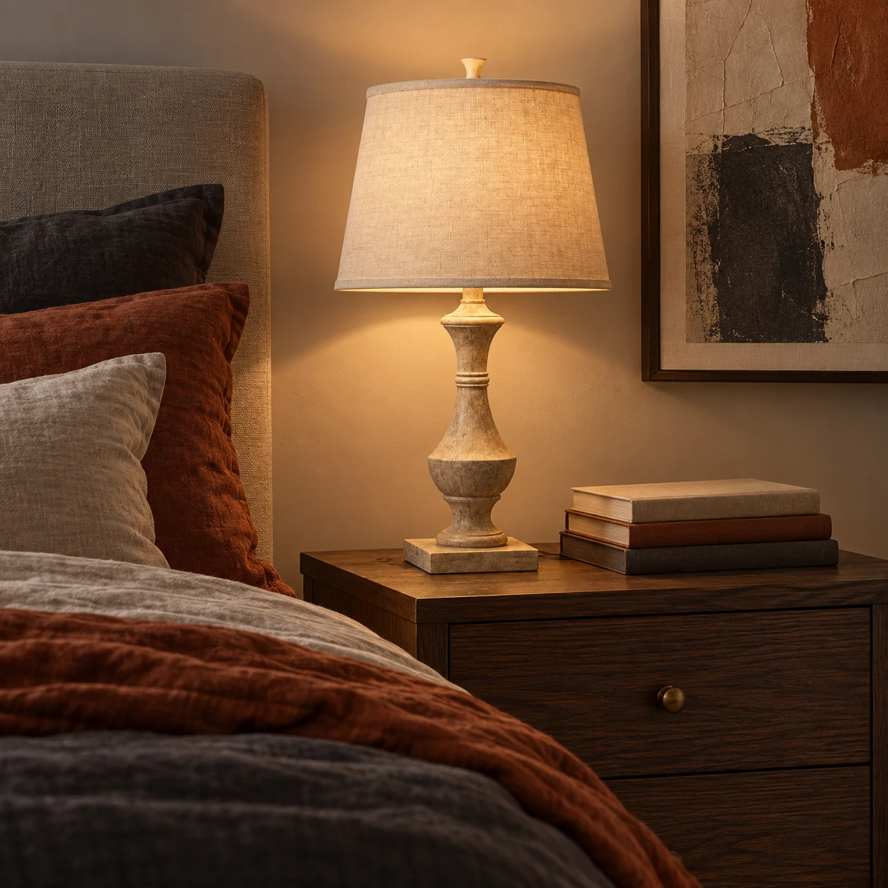 Lámpara de mesa sobre la mesita de noche del dormitorio.
