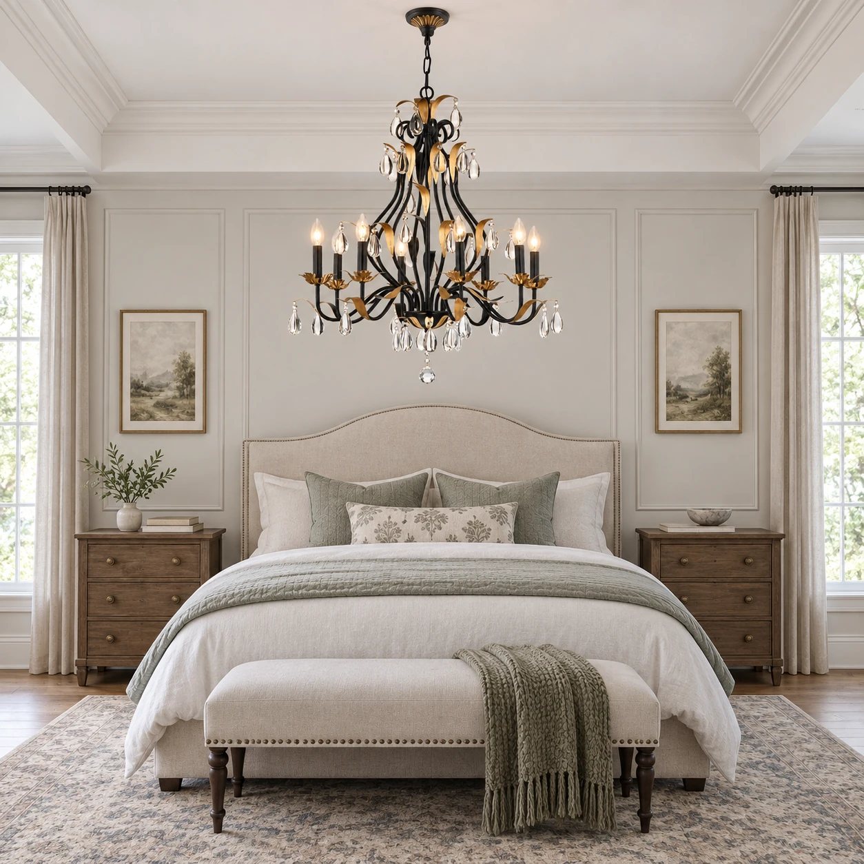 Lustre en cristal vintage installé dans une chambre lumineuse