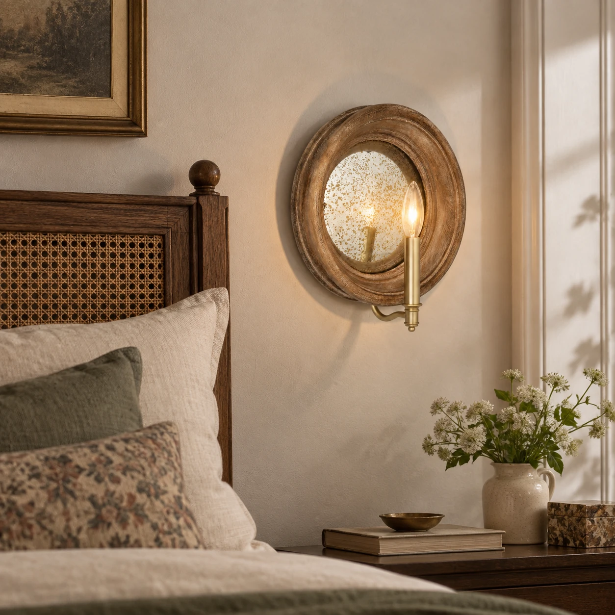 Aplique de pared con espejo de madera tallada en una mesita de noche con iluminación tenue.
