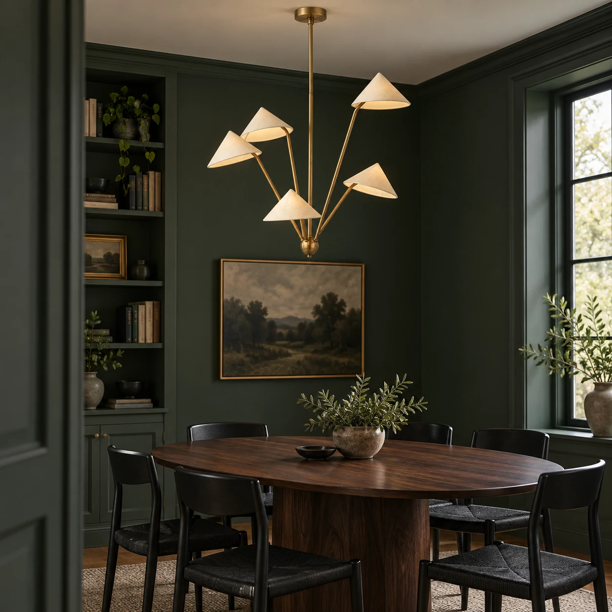 Suspension à cinq lumières au-dessus d'une table en bois foncé dans une salle à manger vert forêt