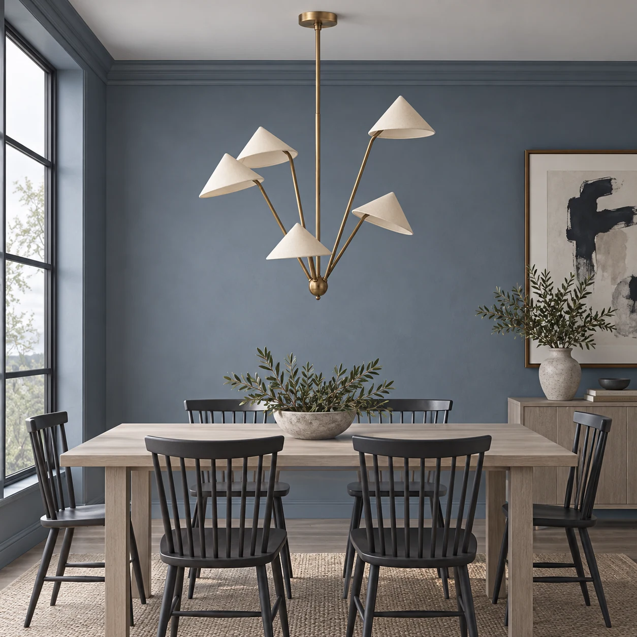 Suspension à cinq lumières au-dessus d'une table à manger dans une pièce bleu ardoise