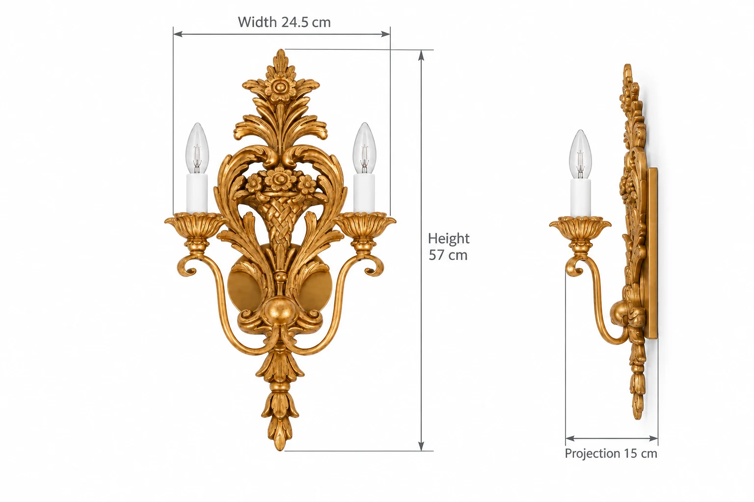Dimensiones del aplique de pared Amelie: 24,5 cm de ancho, 57 cm de alto y 15 cm de proyección.