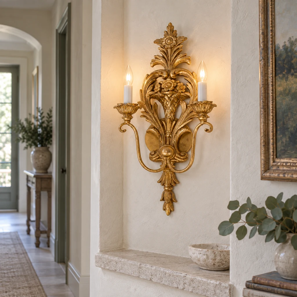 Aplique de pared de madera con acabado dorado instalado en un nicho luminoso del pasillo.