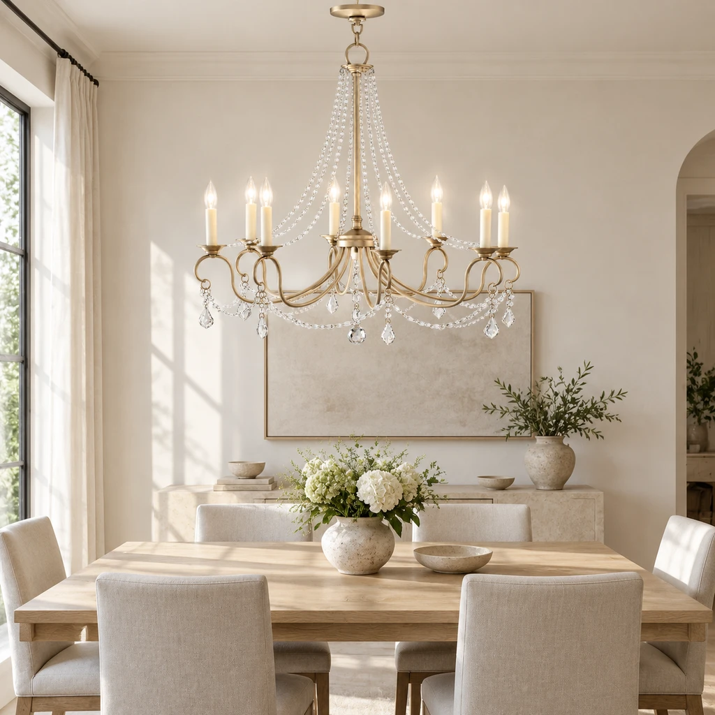 Lustre en cristal Marlow au-dessus d'une table à manger en chêne clair
