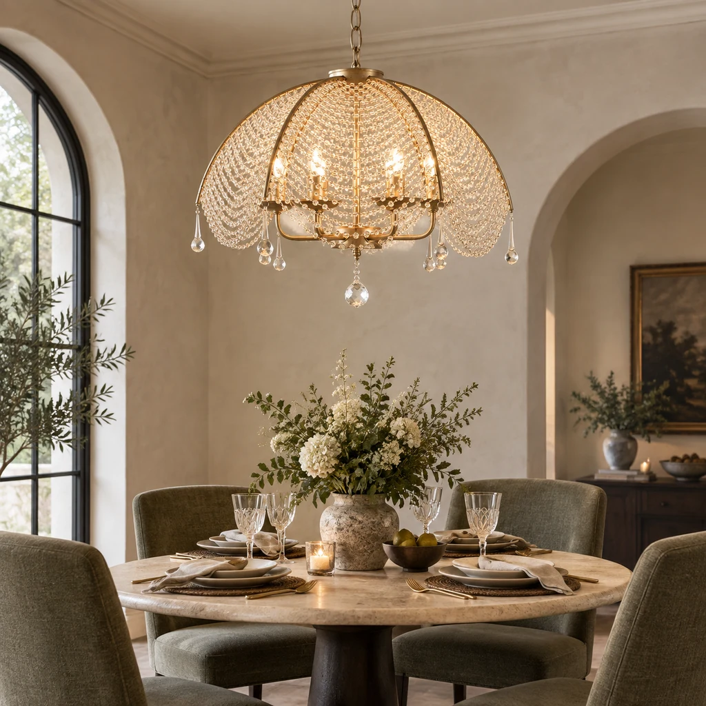 Lustre Aurelia à perles dorées dans un salon d'hôtellerie de charme