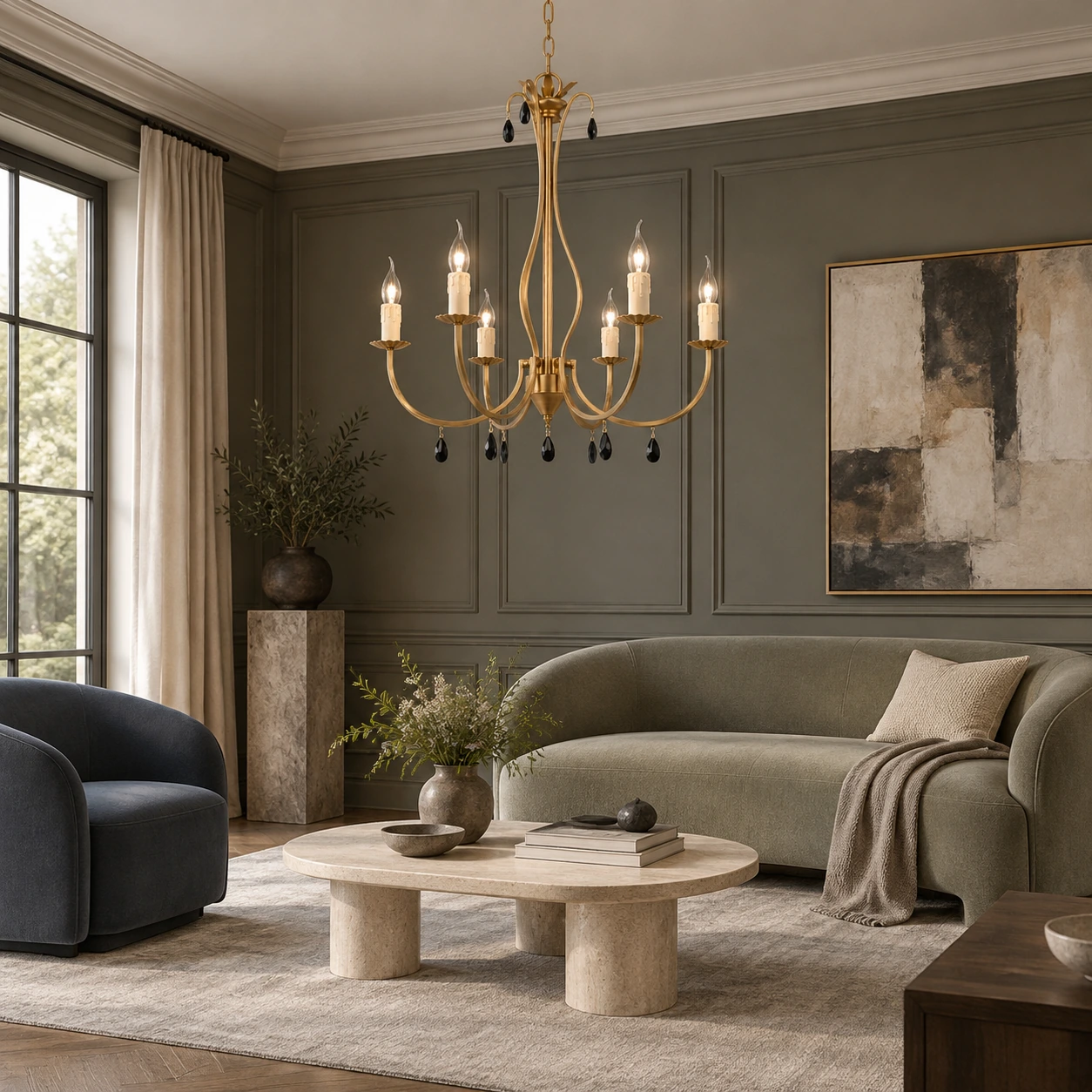 Lustre Celeste vintage doré dans un coin salon français gris olive