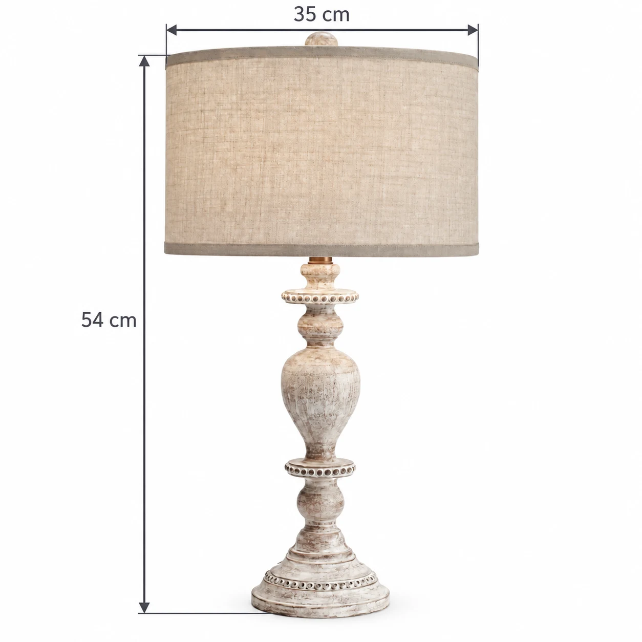 Dimensiones de la lámpara de mesa: 35 cm de diámetro y 54 cm de altura.