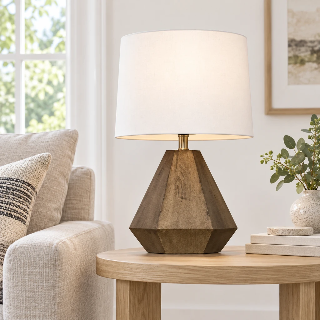 Lampe de table en bois facetté sur une table d'appoint de salon