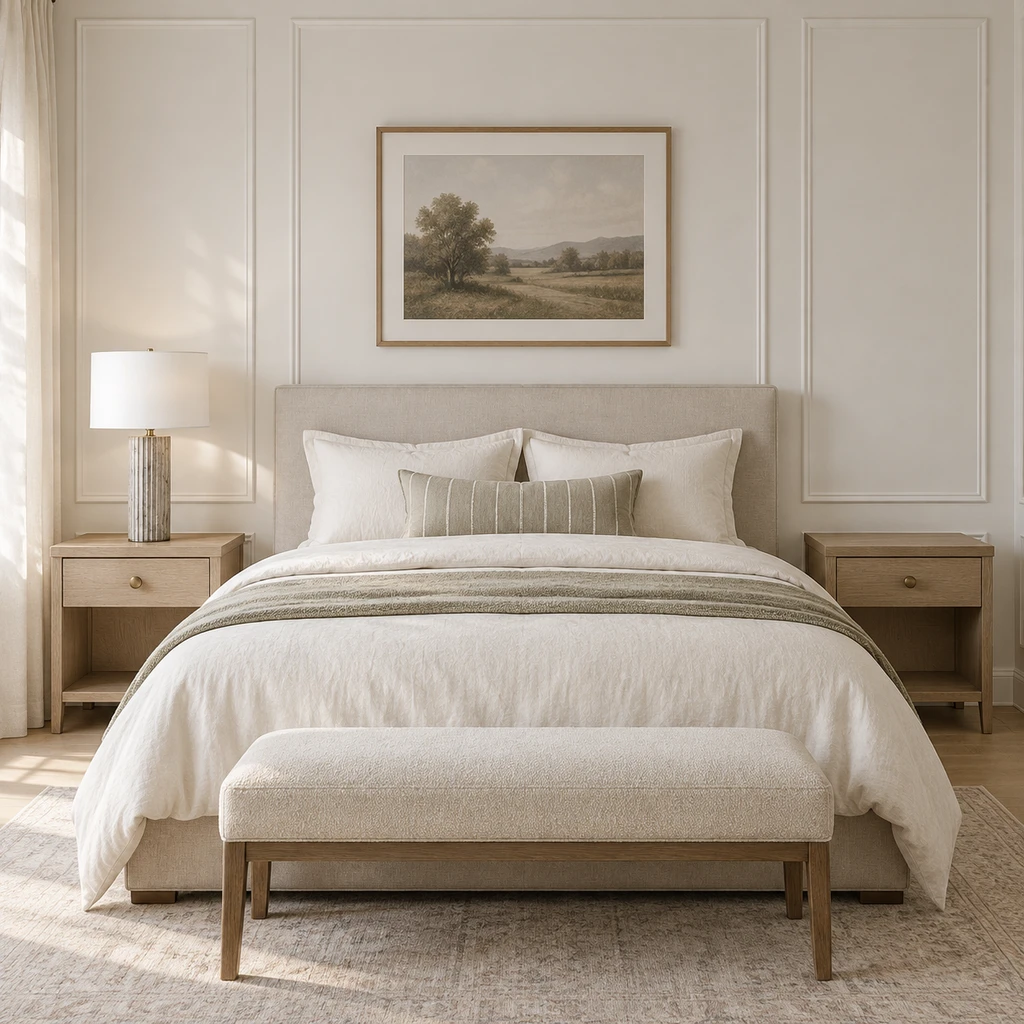 Lampe de table Linea sur une table de chevet dans une chambre lumineuse