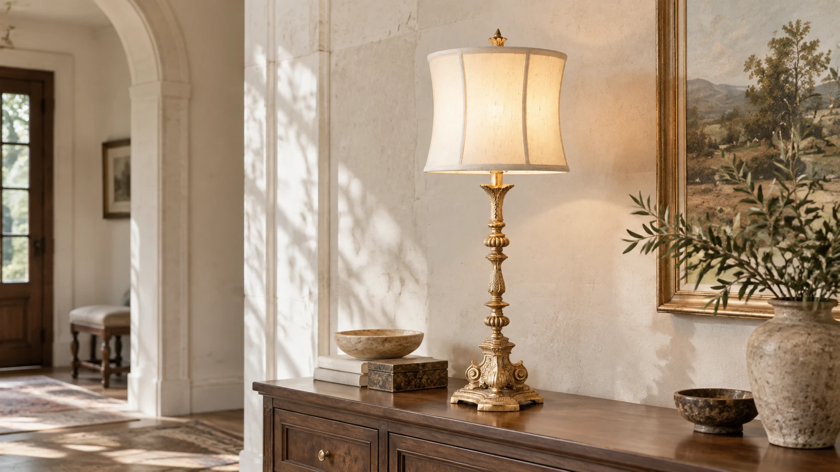 Lampe de table en bois sculpté avec abat-jour en tissu ivoire sur une console d'entrée en noyer