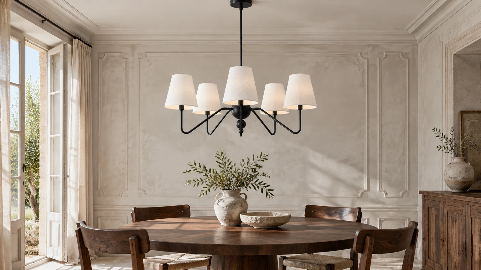Lámpara de araña con pantalla de tela negra sobre una mesa de comedor en un luminoso interior de estilo francés vintage.